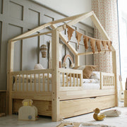 Husseng HOUSEBED Duo m. runde tremmer og skuffe