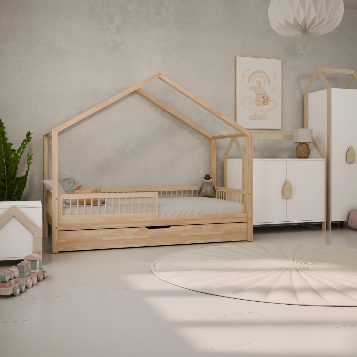 Husseng HOUSEBED m. runde tremmer og skuffe