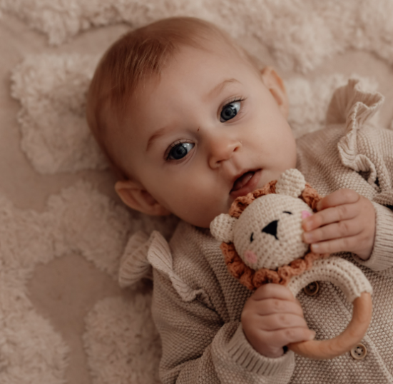 rangle til babyer - Håndlavet Træ-Rangle med Hæklede Dyr og Bidering ...