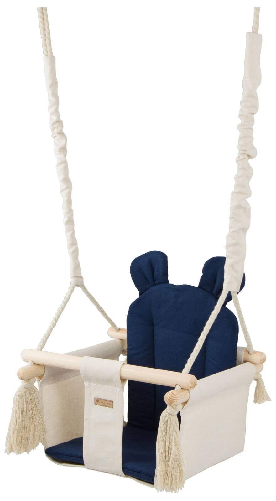 Blå babygynge med ører set fra siden. Alle vores gynger til børn er i naturmaterialer og kommer med flotte kvaster. 