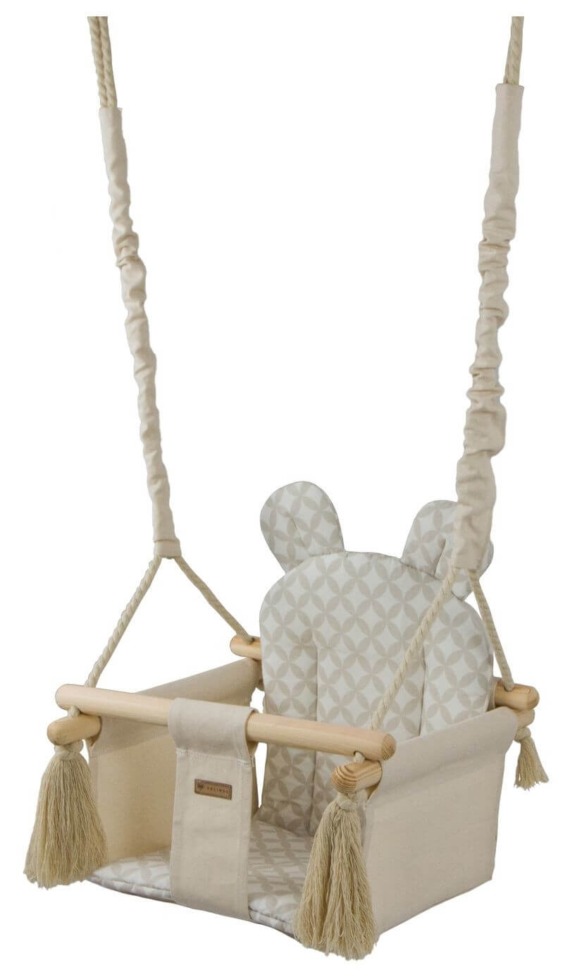 Baby gynge med ører. Vores gynger til børn kommer i flere farver, her med et flot diamantmønster i beige
