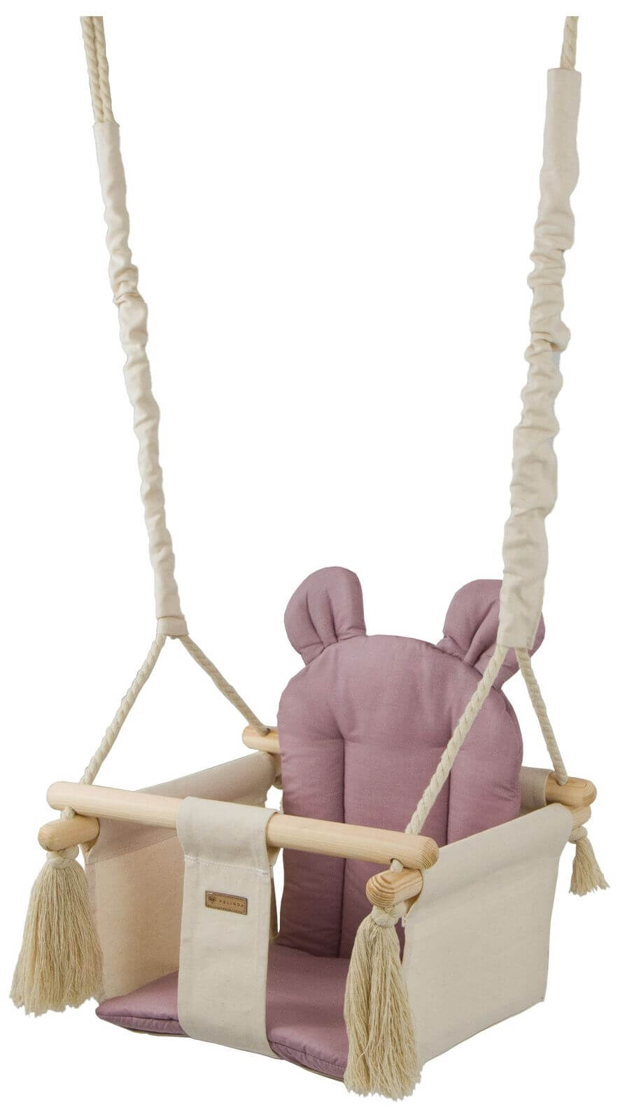 Babygynge i naturmaterialer med kvaste set fra siden. Vores gynger til babyer kommer i både blå, beige, og i fint mønster.  Her er babygyngen i rød.