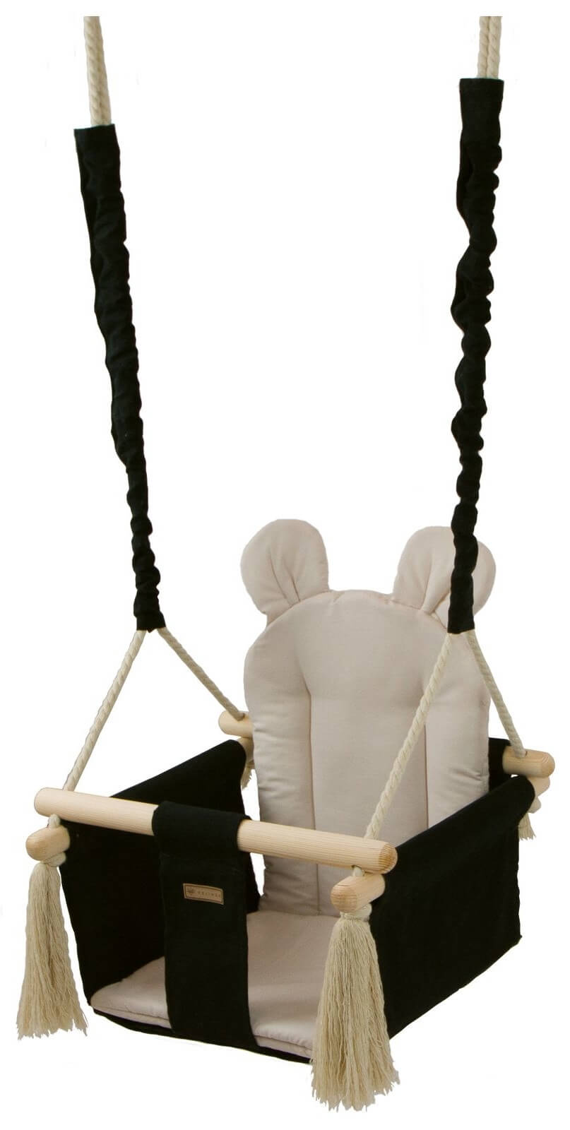 Beige babygynge til babyer og børn. Babygyngen har sort stof.